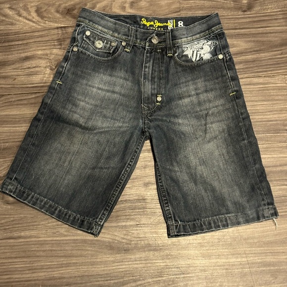 Pepe Jeans Denim Shorts Size 8 Embroidered Pockets Eagle Graphic Streetwear Y2K - Picture 3 of 4